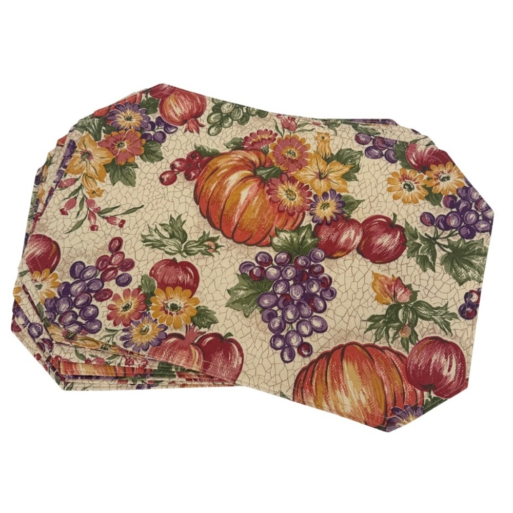 Vinyl Placemats Dbl Sided Harvest Pumpkin Grapes Floral Autumn Table Decor 8 PC